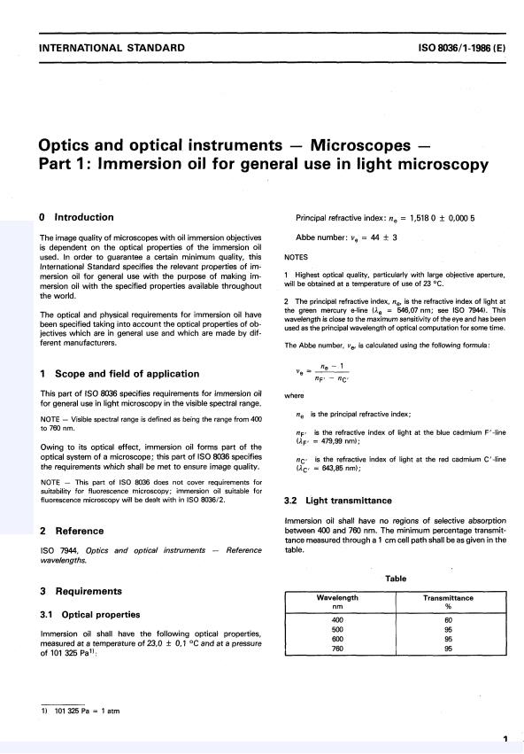 ISO 8036-1:1986 - Optics and optical instruments -- Microscopes