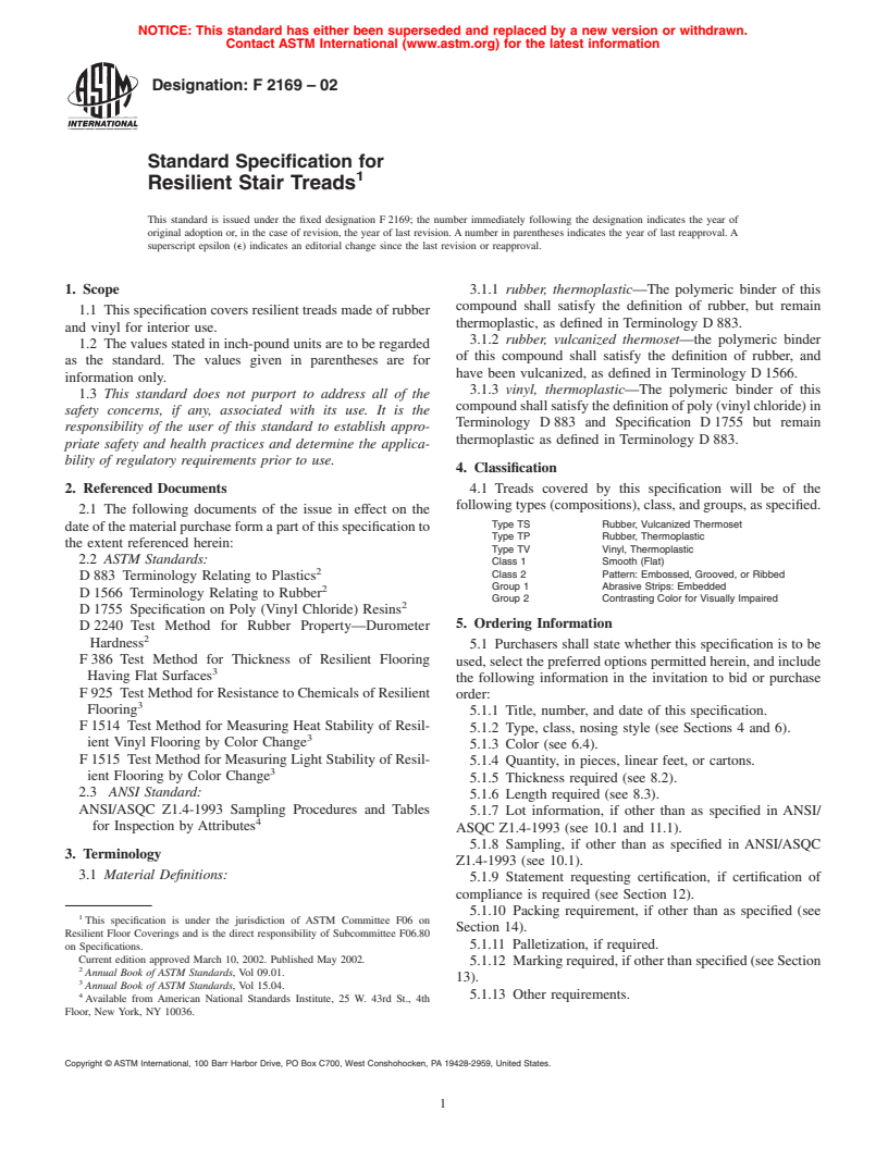 ASTM F2169-02 - Standard Specification for Resilient Stair Treads