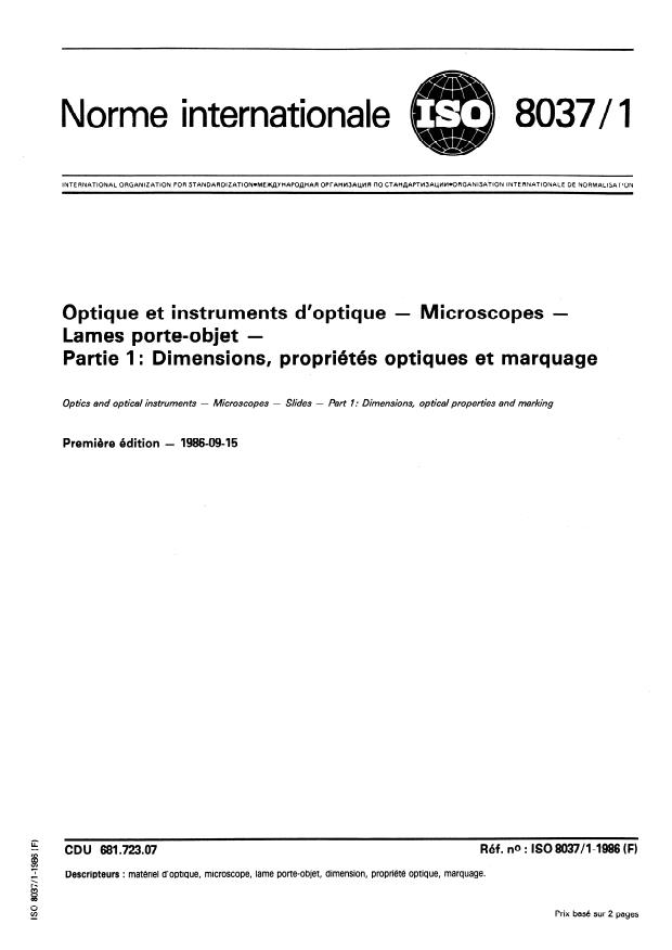 ISO 8037-1:1986 - Optique et instruments d'optique -- Microscopes -- Lames porte-objet