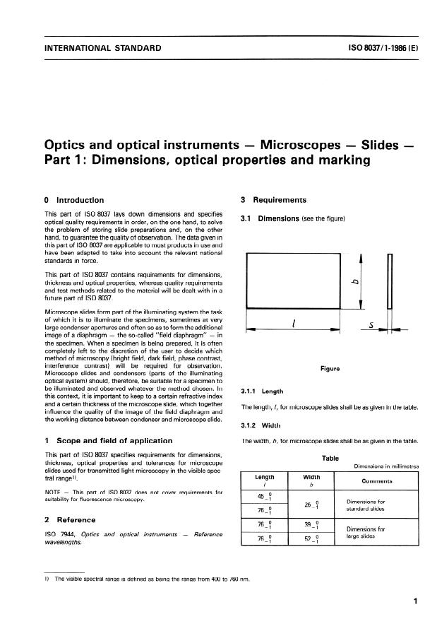 ISO 8037-1:1986 - Optics and optical instruments -- Microscopes -- Slides