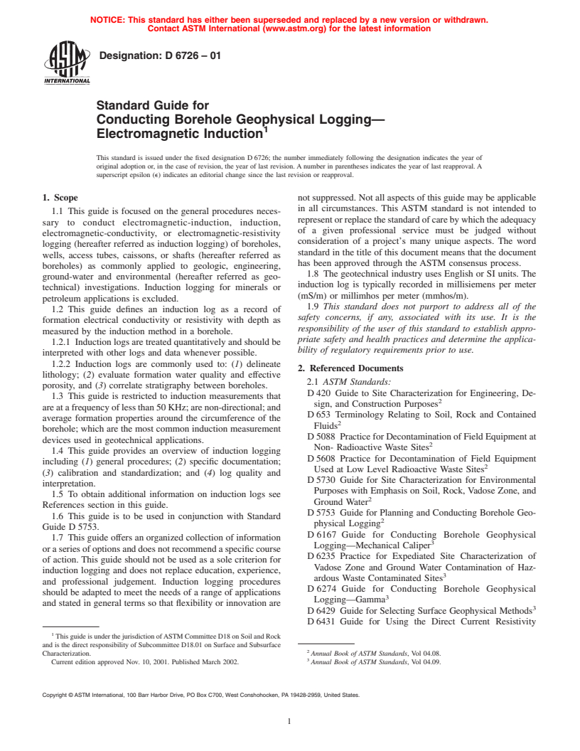 ASTM D6726-01 - Standard Guide for Conducting Borehole Geophysical Logging-Electromagnetic Induction