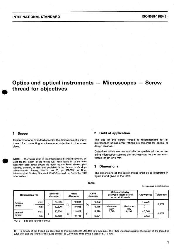 ISO 8038:1985 - Optics and optical instruments -- Microscopes -- Screw thread for objectives