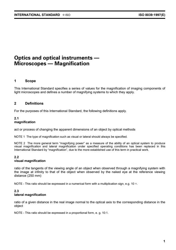 ISO 8039:1997 - Optics and optical instruments -- Microscopes -- Magnification