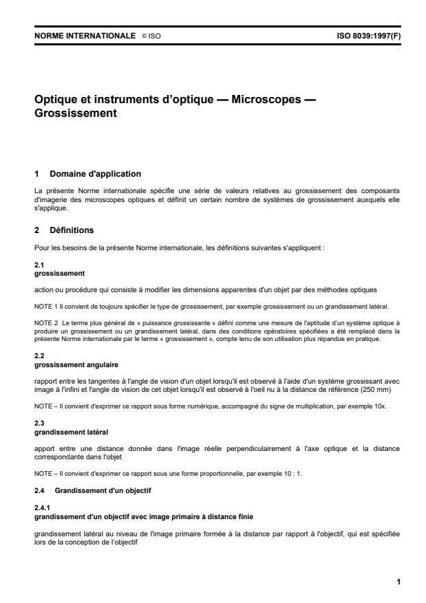 ISO 8039:1997 - Optique et instruments d'optique -- Microscopes -- Grossissement