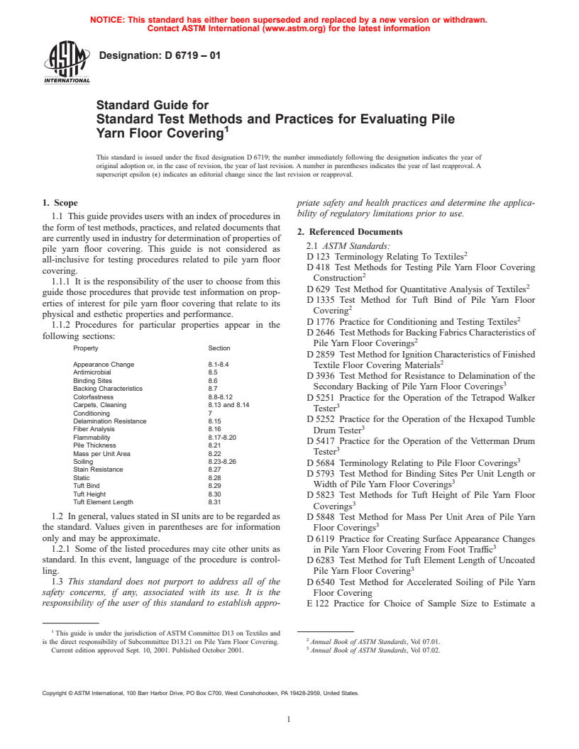 ASTM D6719-01 - Standard Guide for Standard Test Methods and Practices for Evaluating Pile Yarn Floor Covering