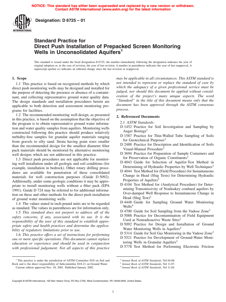 ASTM D6725-01 - Standard Practice for Direct Push Installation of Prepacked Screen Monitoring Wells in Unconsolidated Aquifers