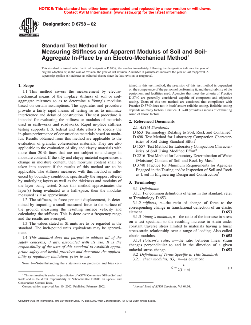 ASTM D6758-02 - Standard Test Method for Measuring Stiffness and Apparent Modulus of Soil and Soil-Aggregate In-Place by an Electro-Mechanical Method