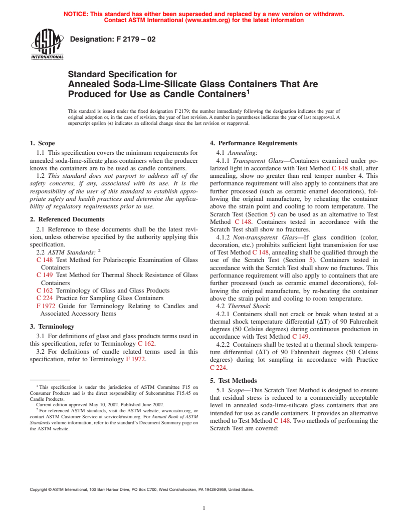 ASTM F2179-02 - Standard Specification for Annealed Soda-Lime-Silicate Glass Containers That Are Produced for Use as Candle Containers