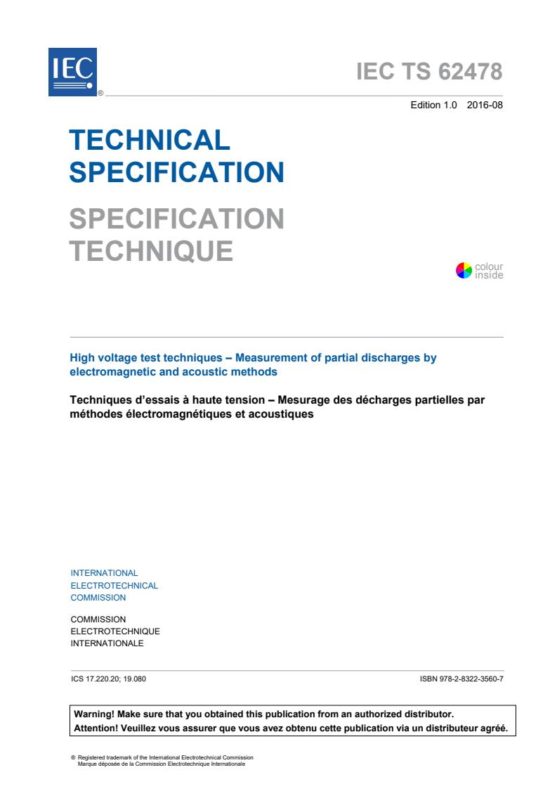 IEC TS 62478:2016 - High voltage test techniques - Measurement of partial discharges by electromagnetic and acoustic methods