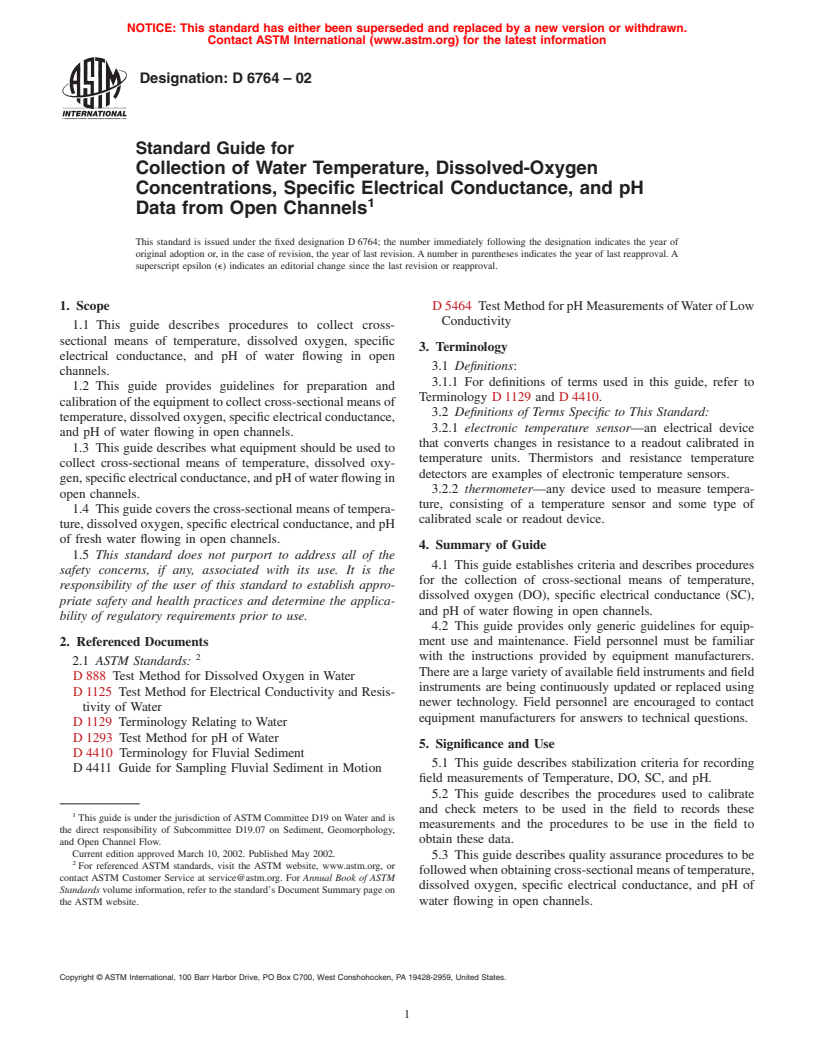 ASTM D6764-02 - Standard Guide for Collection of Water Temperature, Dissolved-Oxygen Concentrations, Specific Electrical Conductance, and pH Data from Open Channels