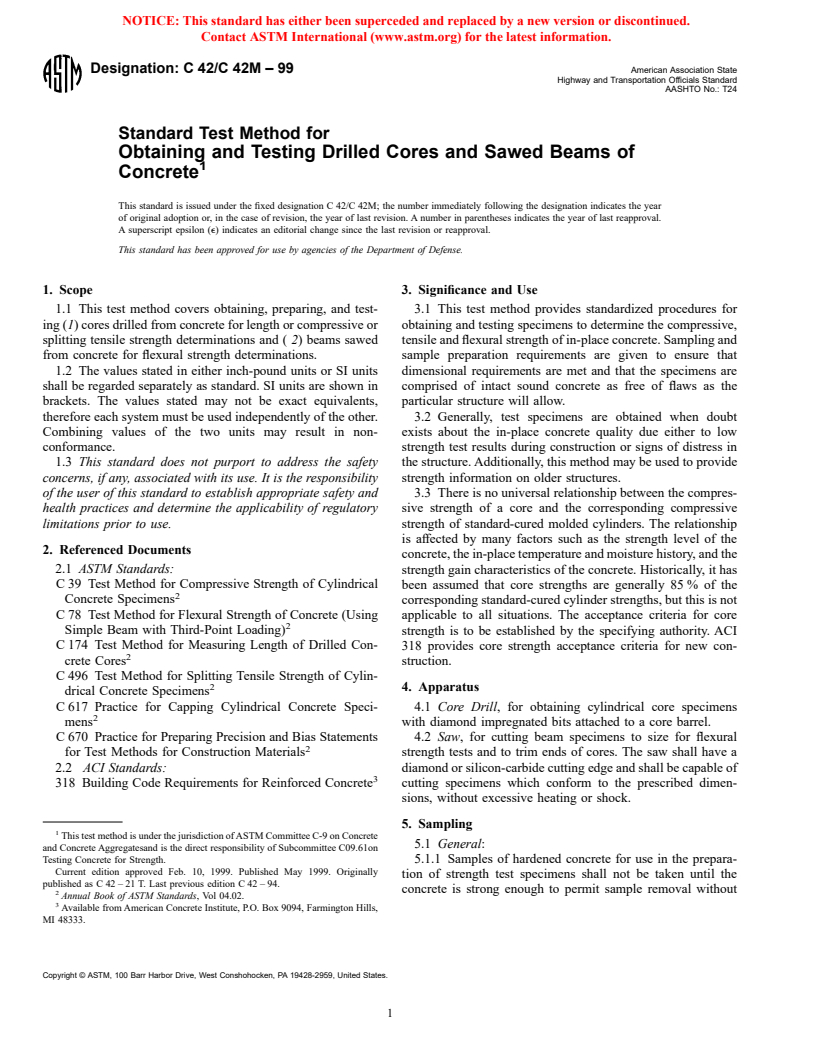 ASTM C42/C42M-99 - Standard Test Method for Obtaining and Testing Drilled Cores and Sawed Beams of Concrete