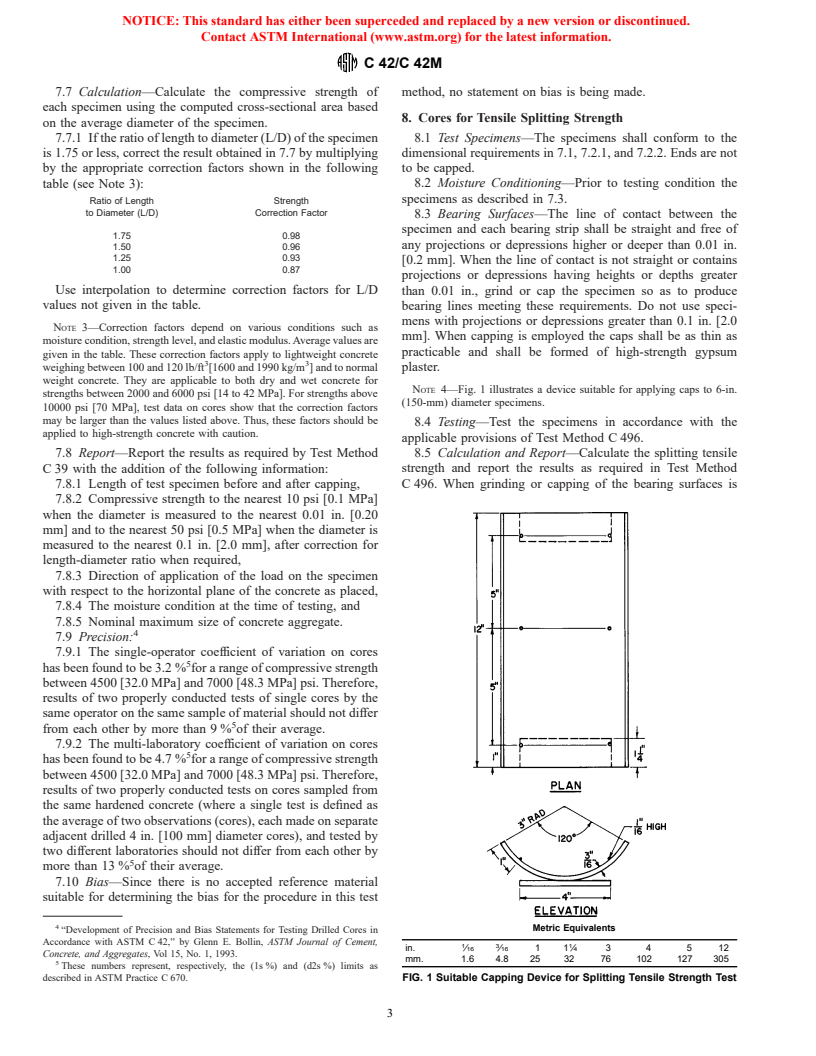 ASTM C42/C42M-99 - Standard Test Method for Obtaining and Testing Drilled Cores and Sawed Beams of Concrete