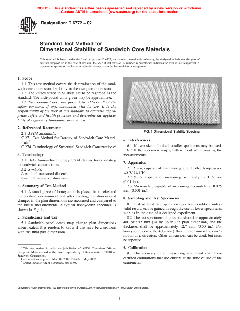 ASTM D6772-02 - Standard Test Method for Dimensional Stability of Sandwich Core Materials