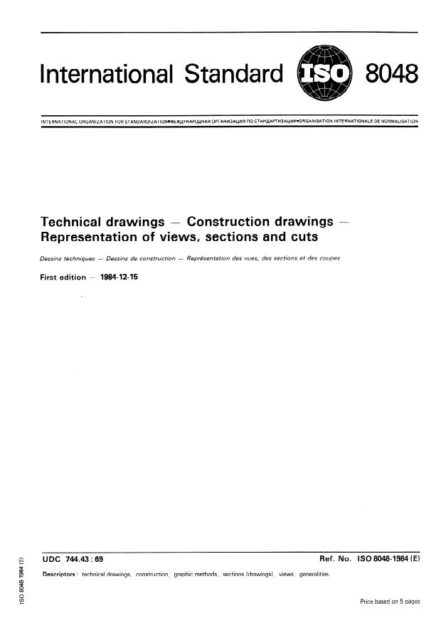 ISO 8048:1984 - Technical drawings -- Construction drawings -- Representation of views, sections and cuts