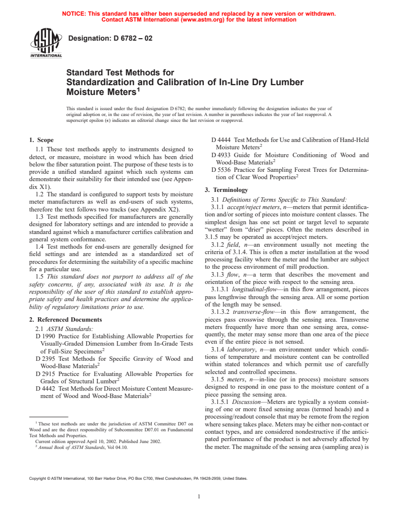 ASTM D6782-02 - Standard Test Methods for Standardization and Calibration of In-Line Dry Lumber Moisture Meters