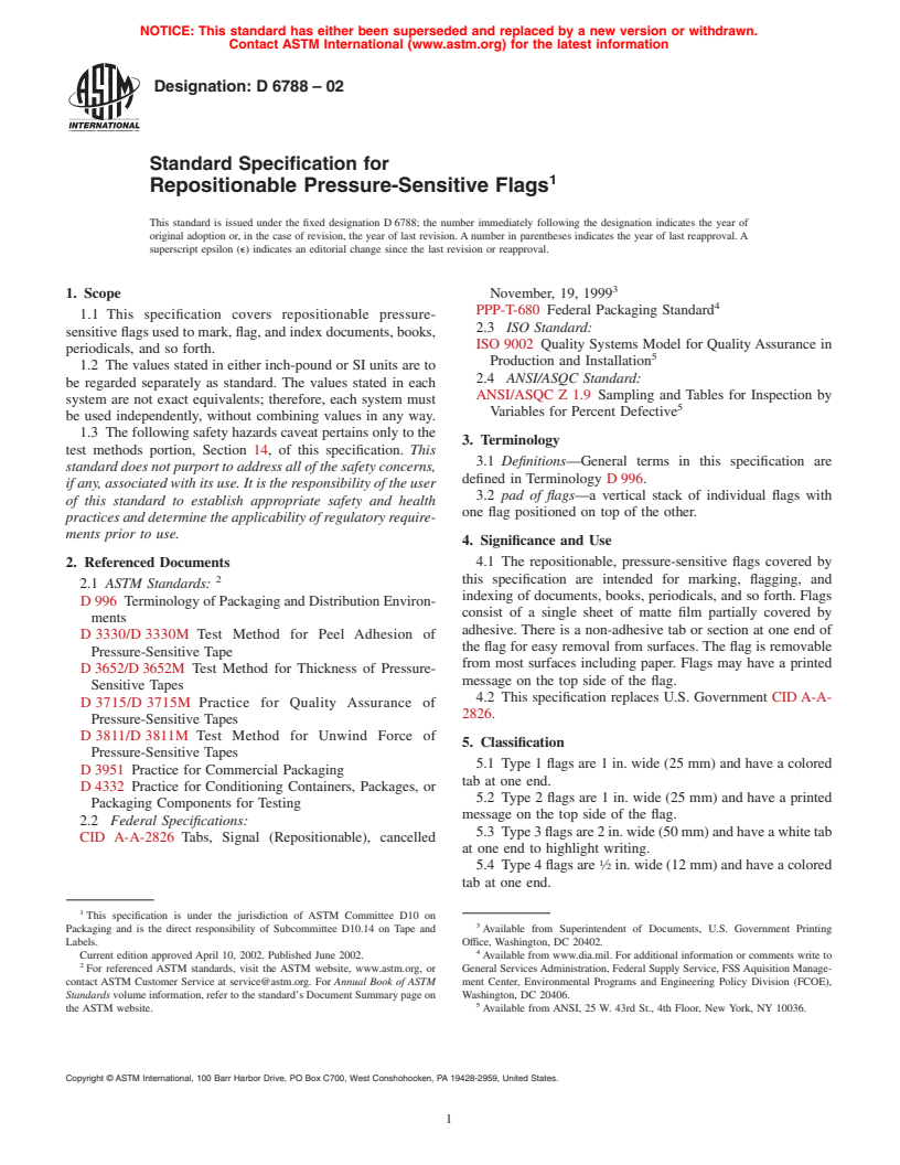 ASTM D6788-02 - Standard Specification for Repositionable Pressure-Sensitive Flags