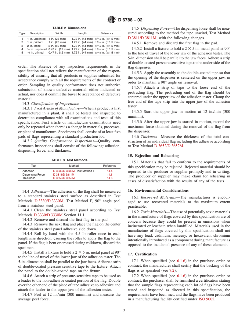 ASTM D6788-02 - Standard Specification for Repositionable Pressure-Sensitive Flags