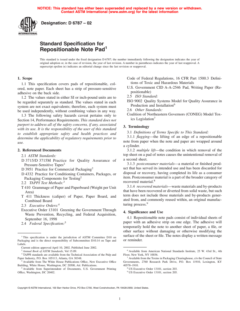 ASTM D6787-02 - Standard Specification for Repositionable Note Pad