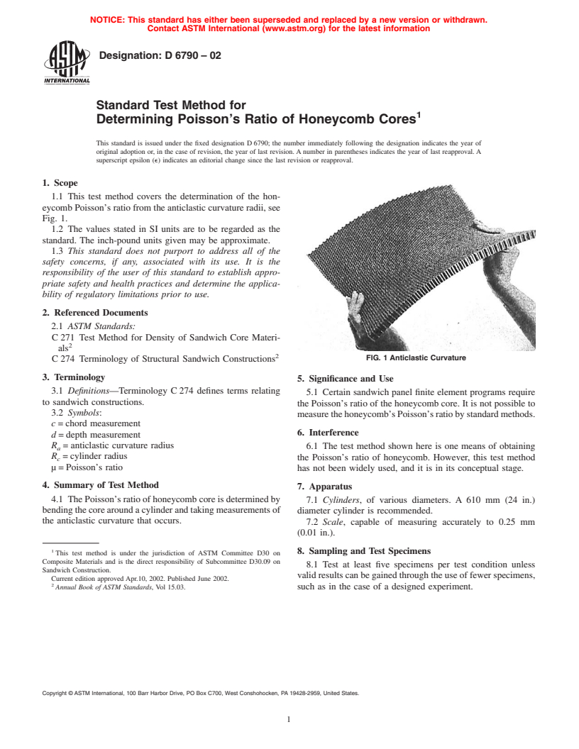 ASTM D6790-02 - Standard Test Method for Determining Poisson's Ratio of Honeycomb Cores