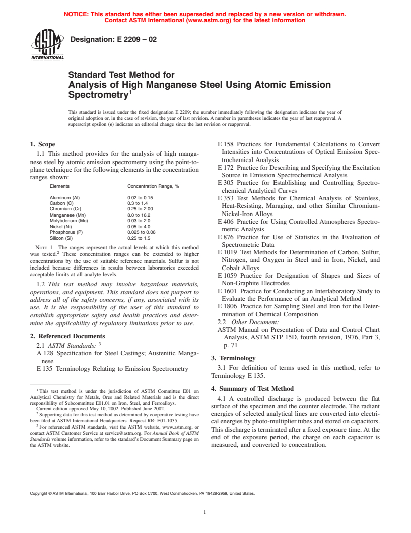 ASTM E2209-02 - Standard Test Method for Analysis of High Manganese Steel Using Atomic Emission Spectrometry