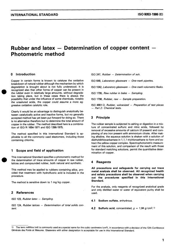 ISO 8053:1986 - Rubber and latex -- Determination of copper content -- Photometric method