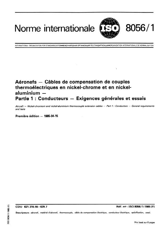 ISO 8056-1:1985 - Aéronefs -- Câbles de compensation de couples thermoélectriques en nickel-chrome et en nickel-aluminium