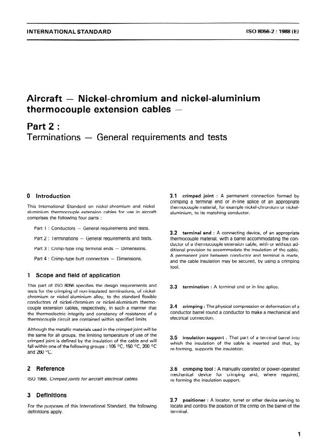 ISO 8056-2:1988 - Aircraft -- Nickel-chromium and nickel-aluminium thermocouple extension cables