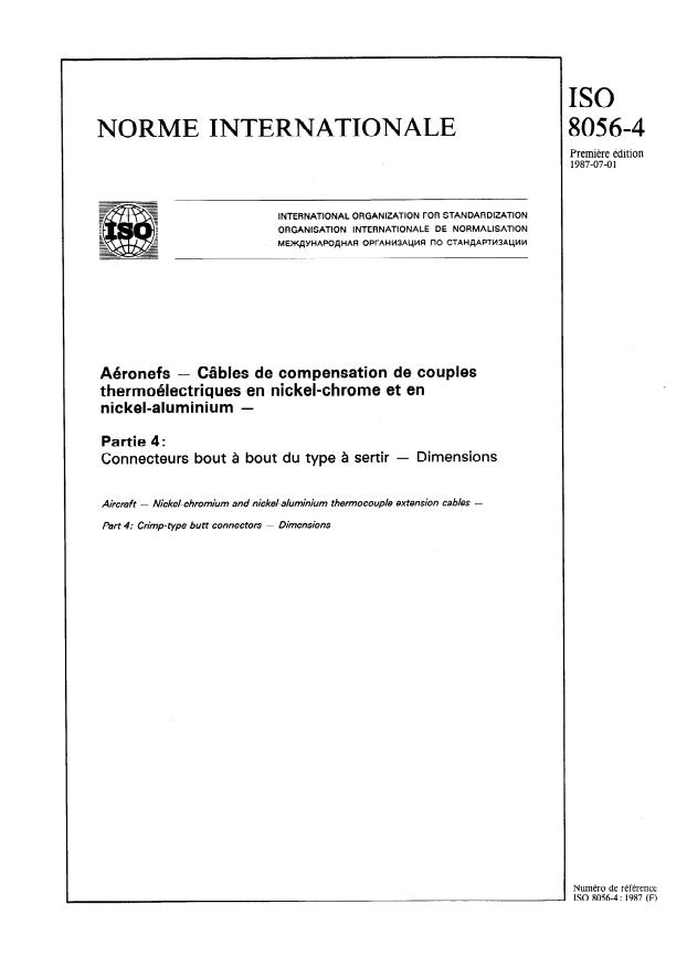 ISO 8056-4:1987 - Aéronefs -- Câbles de compensation de couples thermoélectriques en nickel-chrome et en nickel-aluminium