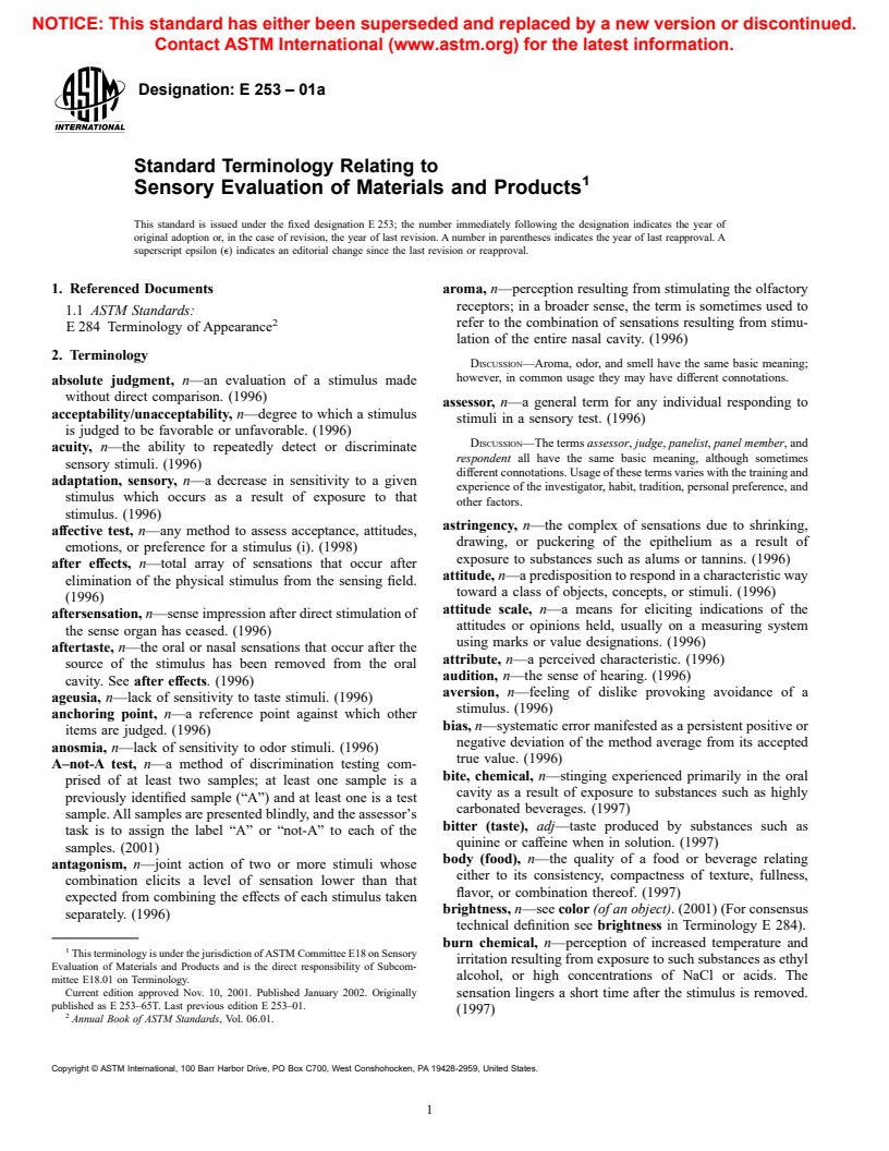 ASTM E253-01a - Standard Terminology Relating to Sensory Evaluation of Materials and Products