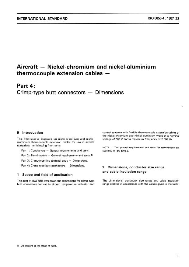 ISO 8056-4:1987 - Aircraft -- Nickel-chromium and nickel-aluminium thermocouple extension cables