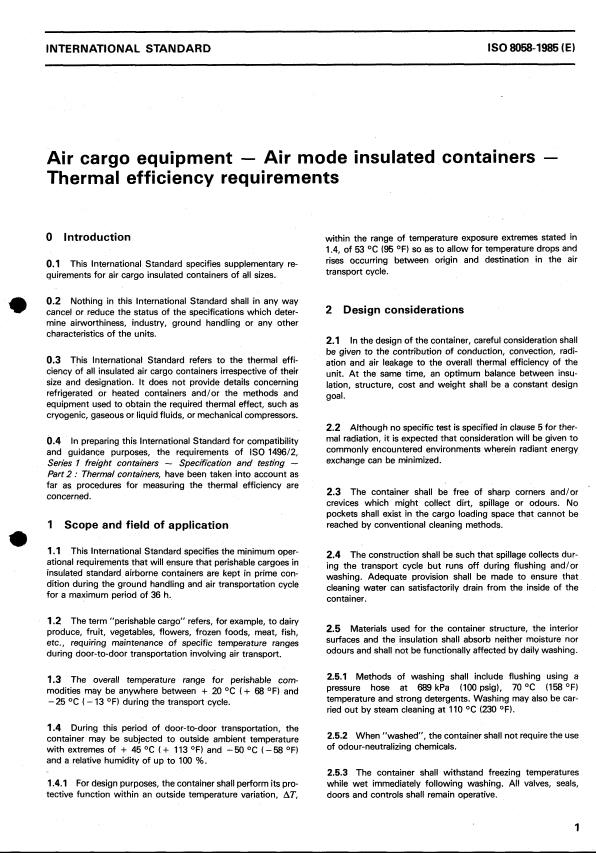 ISO 8058:1985 - Air cargo equipment -- Air mode insulated containers -- Thermal efficiency requirements