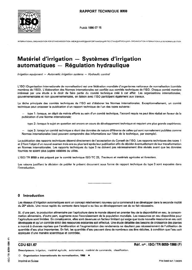 ISO/TR 8059:1986 - Matériel d'irrigation -- Systemes d'irrigation automatiques -- Régulation hydraulique