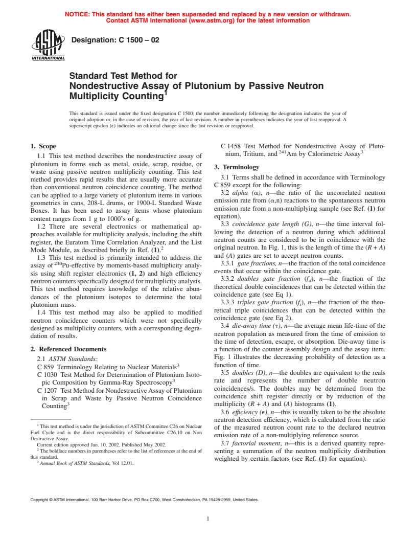 ASTM C1500-02 - Standard Test Method for Nondestructive Assay of Plutonium by Passive Neutron Multiplicity Counting