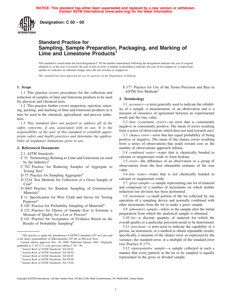 ASTM C50-00 - Standard Practice for Sampling, Sample Preparation, Packaging, and Marking of Lime and Limestone Products