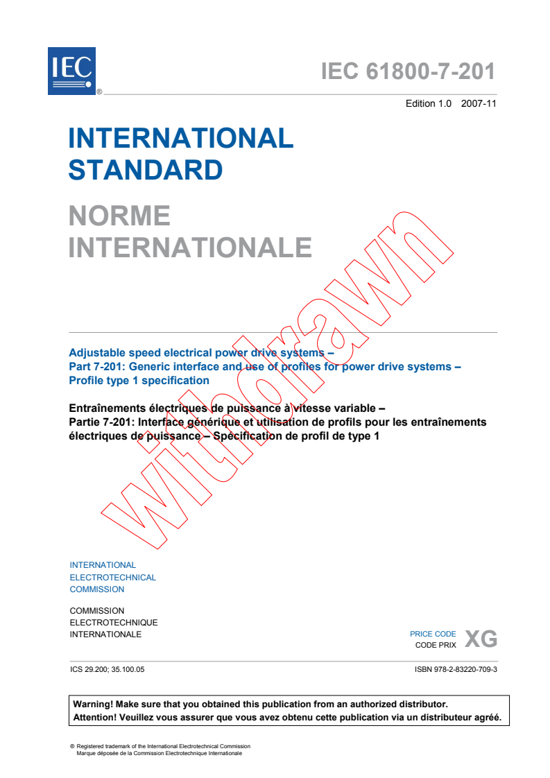 IEC 61800-7-201:2007 - Adjustable speed electrical power drive systems - Part 7-201: Generic interface and use of profiles for power drive systems - Profile type 1 specification
Released:11/27/2007
Isbn:9782832207093