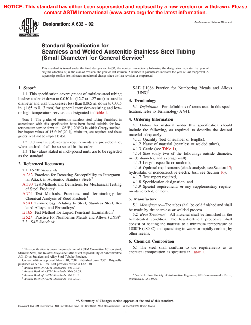 ASTM A632-02 - Standard Specification for Seamless and Welded Austenitic Stainless Steel Tubing (Small-Diameter) for General Service