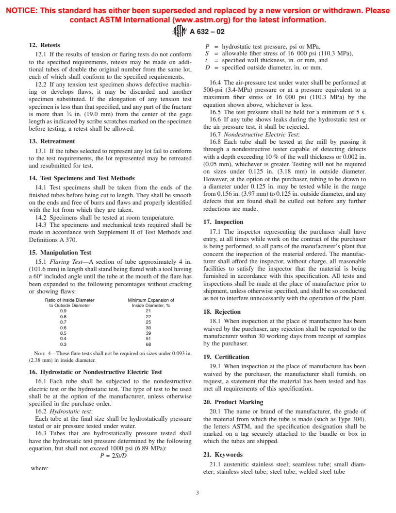 ASTM A632-02 - Standard Specification for Seamless and Welded Austenitic Stainless Steel Tubing (Small-Diameter) for General Service