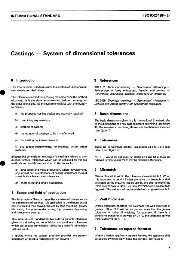 ISO 8062:1984 - Castings -- System of dimensional tolerances