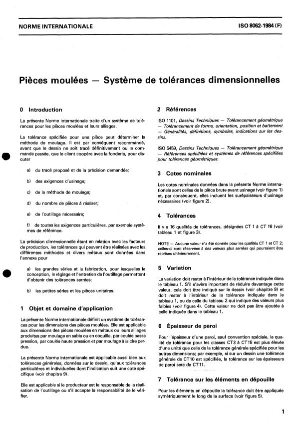 ISO 8062:1984 - Pieces moulées -- Systeme de tolérances dimensionnelles