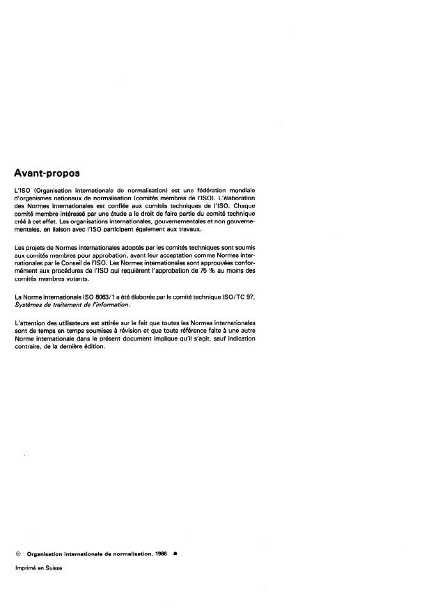 ISO 8063-1:1986 ISO 8063-1:1986 - Traitement de l'information -- Échange de données sur cartouche pour bande magnétique de 6,30 mm (0.25 in) de large utilisant un enregistrement IMFM a 252 ftpmm (6 400 ftpi) - Page 2 preview