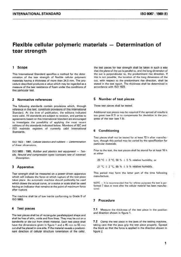 ISO 8067:1989 - Flexible cellular polymeric materials -- Determination of tear strength