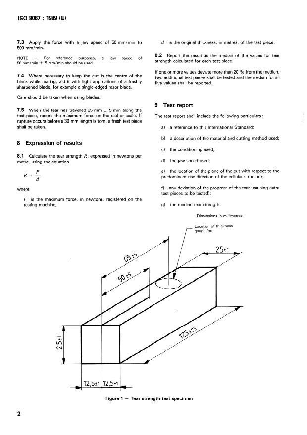 ISO 8067:1989 ISO 8067:1989 - Flexible cellular polymeric materials -- Determination of tear strength - Page 4 preview