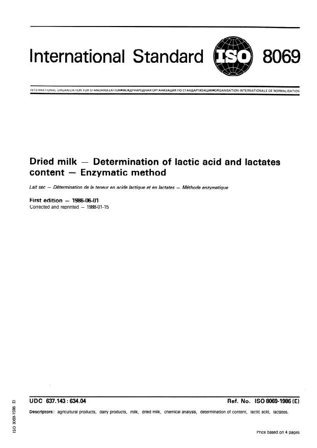 ISO 8069:1986 - Dried milk -- Determination of lactic acid and lactates content -- Enzymatic method