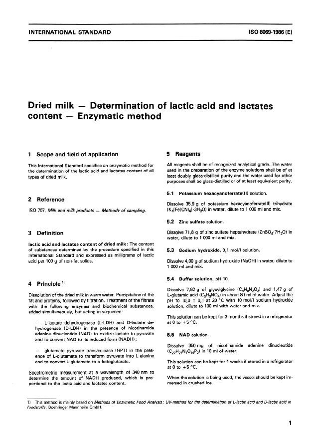 ISO 8069:1986 - Dried milk -- Determination of lactic acid and lactates content -- Enzymatic method