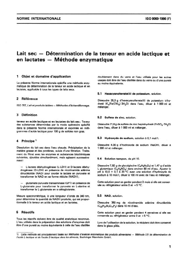 ISO 8069:1986 - Lait sec -- Determination de la teneur en acide lactique et en lactates -- Méthode enzymatique