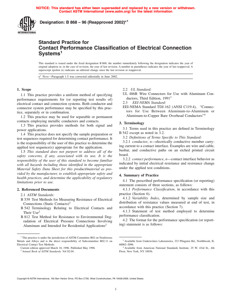 ASTM B868-96(2002)e1 - Standard Practice for Contact Performance Classification of Electrical Connection Systems