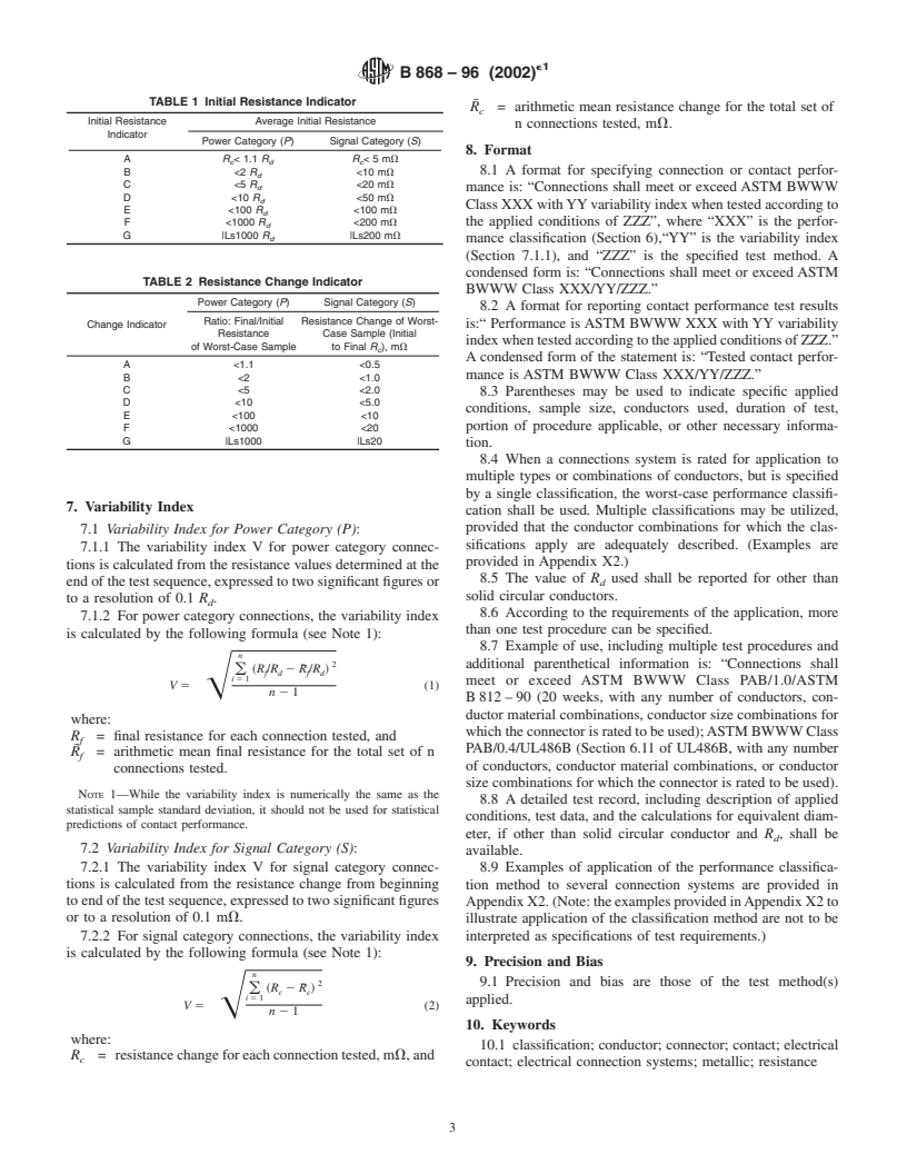 ASTM B868-96(2002)e1 - Standard Practice for Contact Performance Classification of Electrical Connection Systems