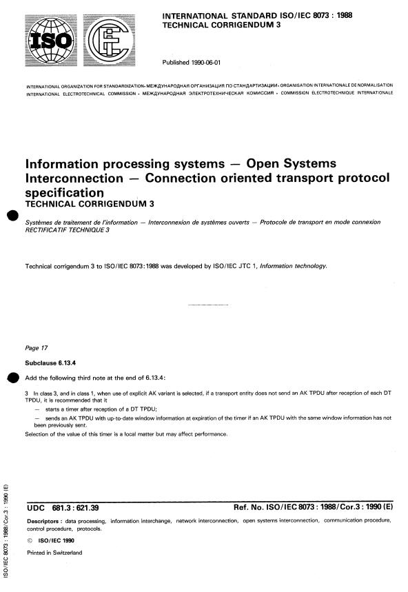 ISO/IEC 8073:1988/Cor 3:1990