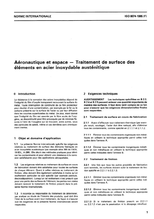 ISO 8074:1985 - Aéronautique et espace -- Traitement de surface des éléments en acier inoxydable austénitique