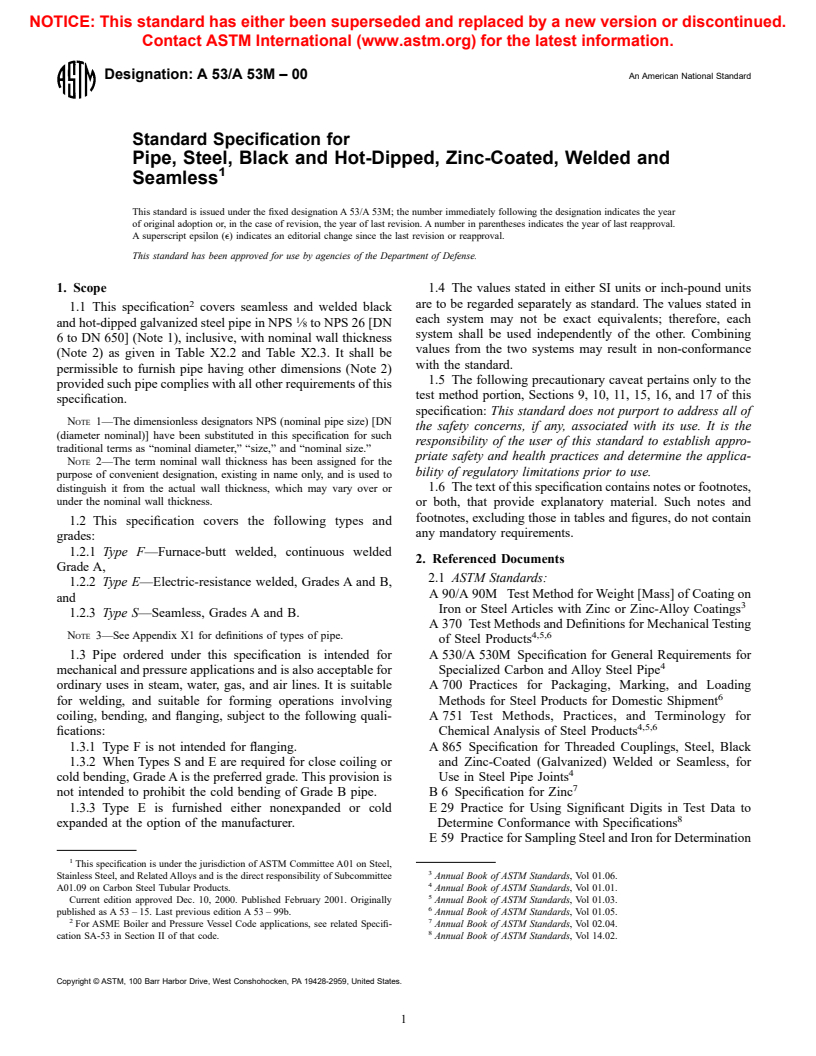 ASTM A53/A53M-00 - Standard Specification for Pipe, Steel, Black and Hot-Dipped, Zinc-Coated, Welded and Seamless